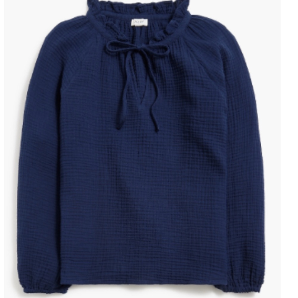 J Crew Navy Long Sleeve Blouse with Ruffle Tie Neckline Size XS NWT